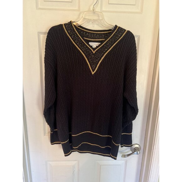 Preston & York Sweaters - Vintage 90's Preston & York Black And Gold Long Sleeve Knit V-Neck Sweater Med